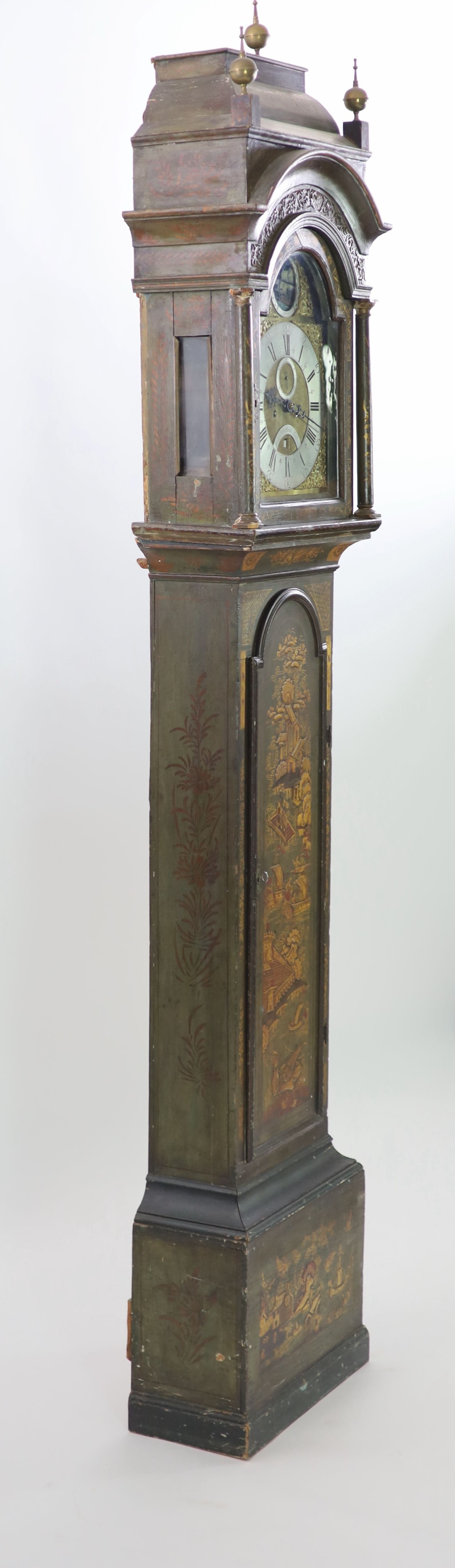 William Pridham of London. A George III green lacquered longcase clock, W.51cm H.136cm